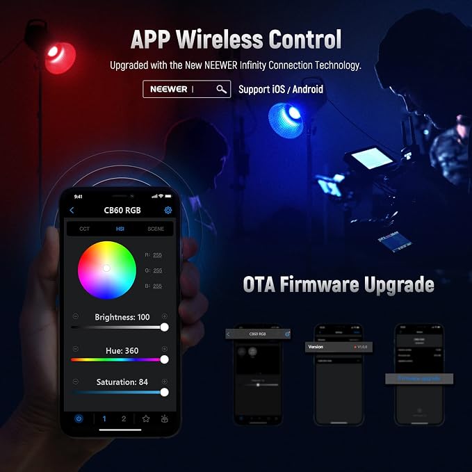 NEEWER CB60 RGB 70W LED Video Light with App Control, Bowens Mount COB Full Color Continuous Output Lighting 18000Lux/1m CCT 2700K-6500K CRI97+ 17 Scenes for Photography/Studio Video Recording - Image 3