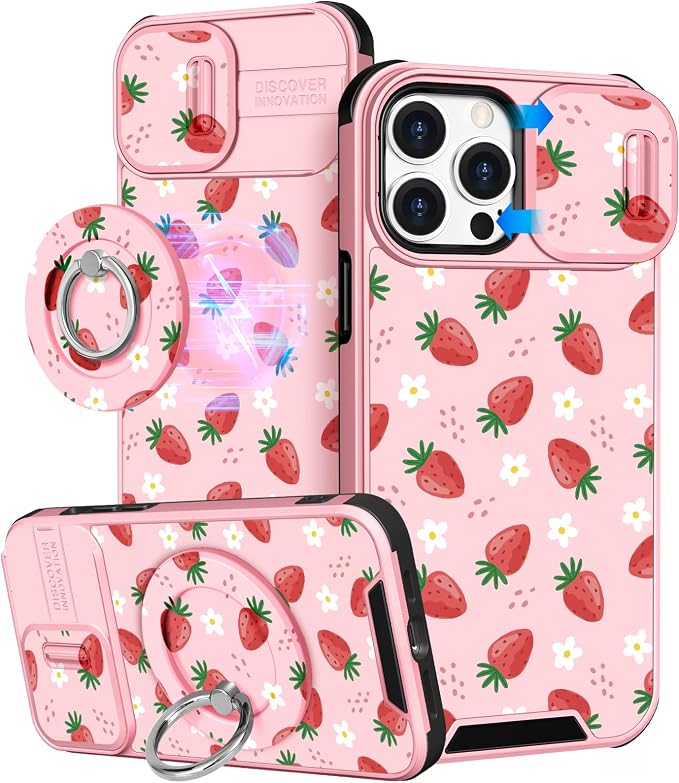 Buleens for iPhone 13 Pro Max Case - with Ring Stand & Camera Cover Cute Designed for Women Girly Pretty Strawberry for Phone Case for iPhone 13 Pro Max Compatible with Magsafe by Buleens