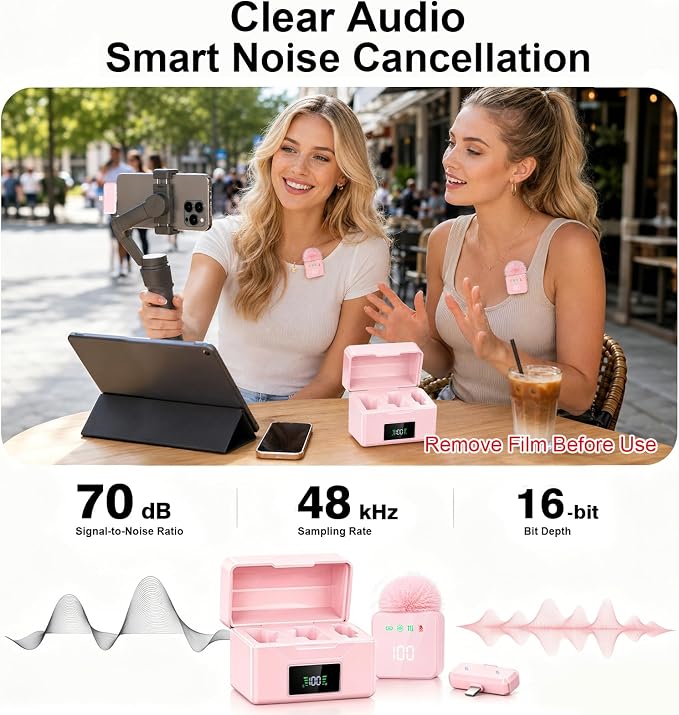 2 Mini Wireless Lavalier Microphones for iPhone & Android, Noise Cancelling, Plug & Play, 60H Battery with Charging Case, Portable Lapel Mic for Content Creators, Podcast, Streaming (Pink) - Image 2