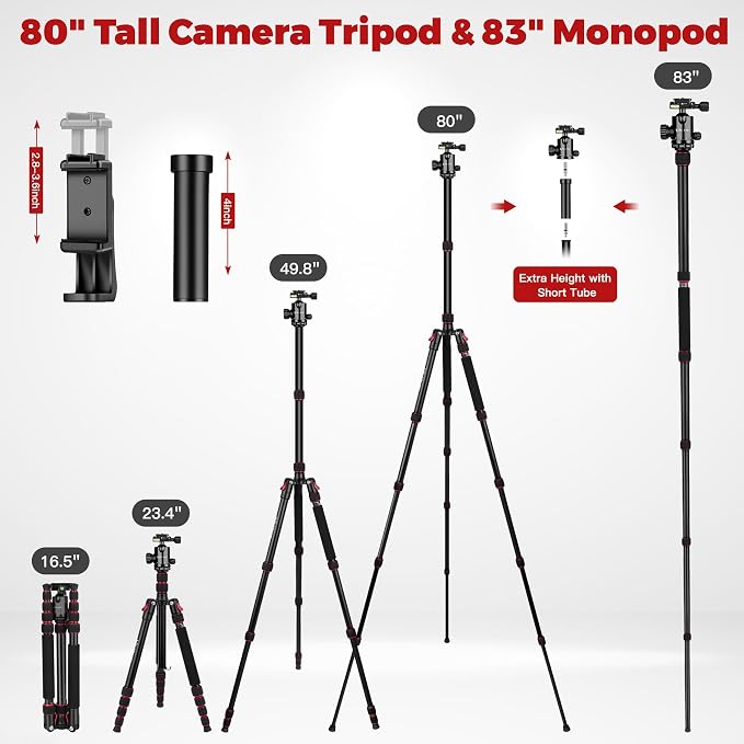 Victiv Camera Tripod, 80" Ball Head Tripod with Carry Bag & Phone Holder | Professional Aluminum Heavy Duty Tripod Stand, 2-in-1 Camera Tripods & Monopods for DSLR Binoculars Spotting Scope Telescope - Image 4
