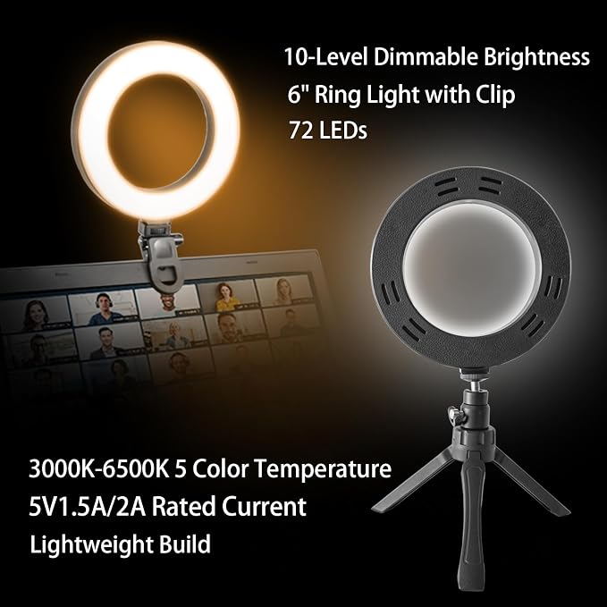 6" Ring Light Video Conference Kit, 5-Color 10-Brightness Clip-On Light with Stable Ring-Light Clamp & 5" Tripod, Desk/Zoom/TikTok, Makeup Light, Selfie Light - Image 2