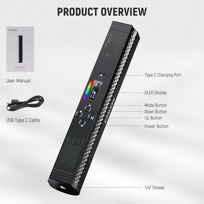 NEEWER TL20C RGB Light Wand Magnetic Handheld Photography Video Light Stick | 2500K-8500K Dimmable, CRI95+, Full Color LED Tube Light Bar with 2550mAh Battery, 17 Light Scenes for Vlog TikTok YouTube - Image 9