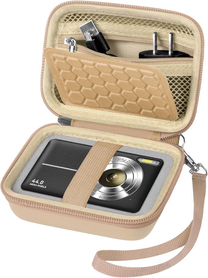 Comecase Digital Camera Case for Kodak PIXPRO FZ45 FZ55 for Travel, Beige | Fits Cameras up to 4.33 x 3.07 x 2.3 in, Pre-Cut Foam, Elastic Strap&Hand Strap, Mesh Pocket for Accessories, Case Only by COMECASE