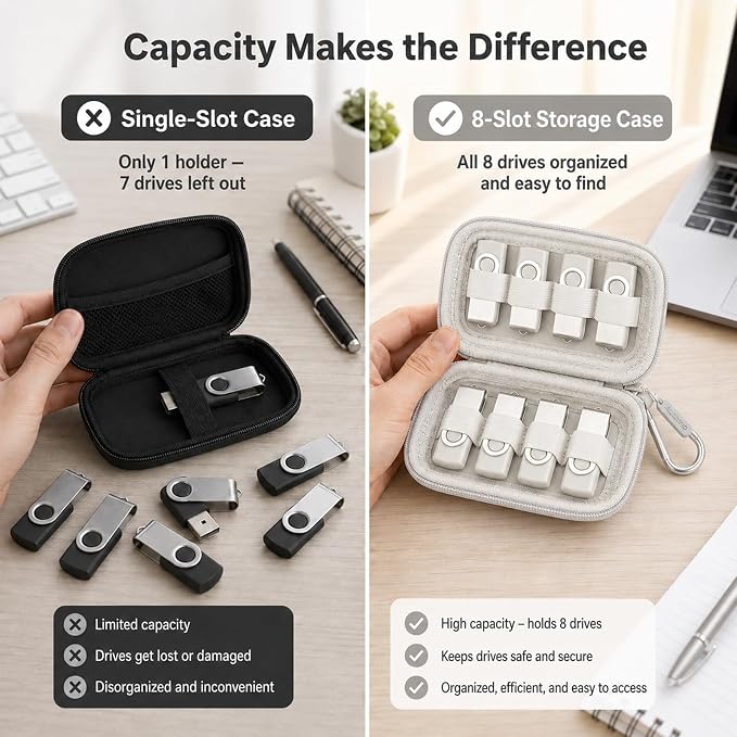 ALKOO Flash Drive Case USB Storage Case, Thumb Drive Holder, Holds 8, Black | Hard Shell, 8 Elastic Slots for USB Drives and SD/Memory Cards, Portable Travel and Office Organizer, Case Only, Black - Image 3