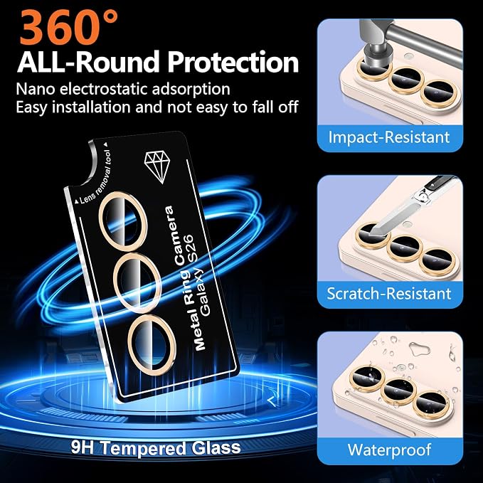for Samsung Galaxy S26 Camera Lens Protector, Individual Metal Ring Tempered Glass Lens Cover, [Strong Adsorption] Scratch Resistant Ultra-Thin HD Clear Lens Cover, 1 Set-Titanium Gold - Image 2