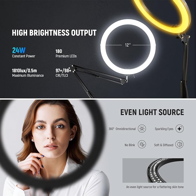 NEEWER 12" 24W High Power LED Ring Light Compatible with iPhone, 60" Overhead Folding Light Stand/Phone Holder Mount for Video Recording Selfie Makeup Streaming,2900-7000K USB C PD Input CRI97+,RH12B - Image 2