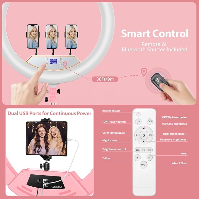 22" Ring Light with Stand: Touch Screen LED Display & 75" Tall Tripod, | 3 Color modes 6500K / 2 USB Ports Foldable LED Big Ring Light Tripod for Live Stream,YouTube,TikTok Video Shooting, Pink - Image 6