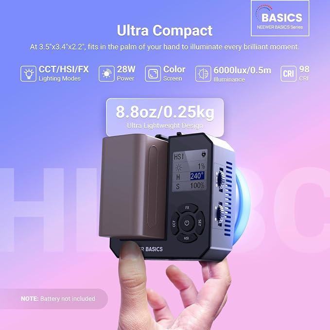 NEEWER Basics 28W Full RGB Pocket LED Video Light, Dimmable COB Studio Continuous Output Lighting for Photography Video Recording Vlog Streaming, 6000lux/0.5m 2500K–10000K CRI98 20 Scenes, HL28C - Image 2