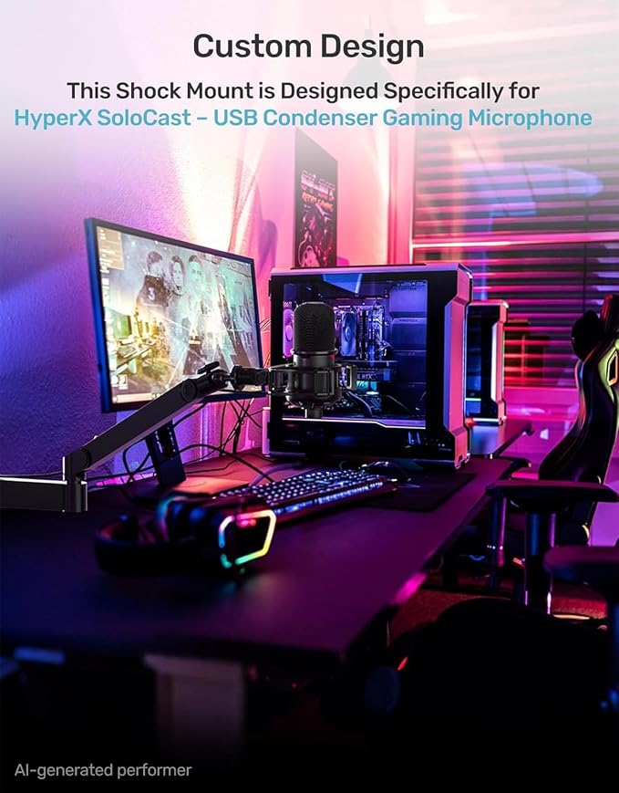 Custom Built for SoloCast Shock Mount with Screw Adapter, Anti-Vibration | Upgrade Elastic Suspension & Holder Clip, for HyperX SoloCast, Mic Stand, Podcast, Streaming, Improves Sound & Recording. - Image 2