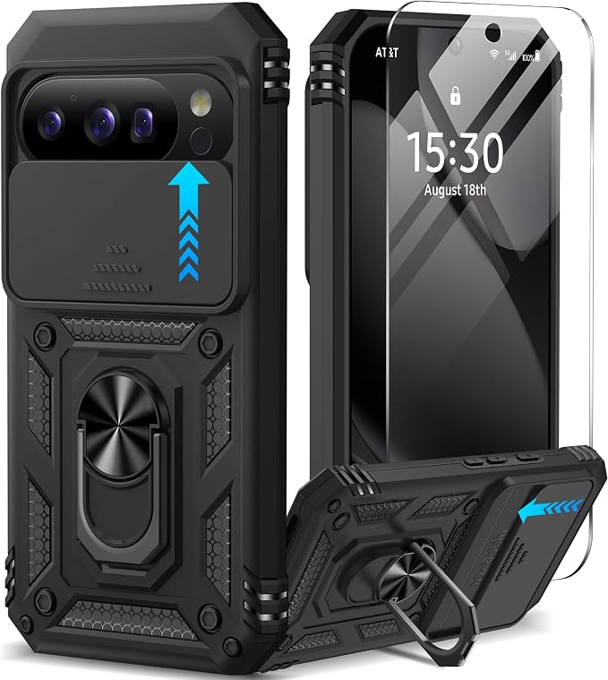 Taisairu for Google Pixel 10 Case/Pixel 10 Pro Case with Screen Protector & Slide Camera Lens Cover,Built-in Ring Stand Protective Phone Case for Pixel 10 Case/Google Pixel 10 Pro Case (Black) by Taisairu