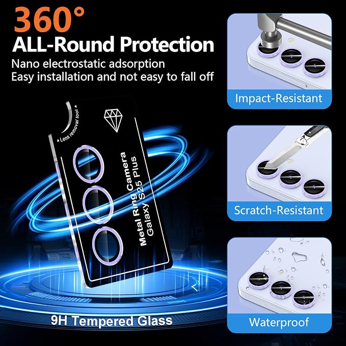 for Samsung Galaxy S25 Plus Camera Lens Protector, Individual Metal Ring Tempered Glass Lens Cover, [Strong Adsorption] Scratch Resistant Ultra-Thin HD Clear Lens Cover, 1 Set-Purple Shine - Image 4
