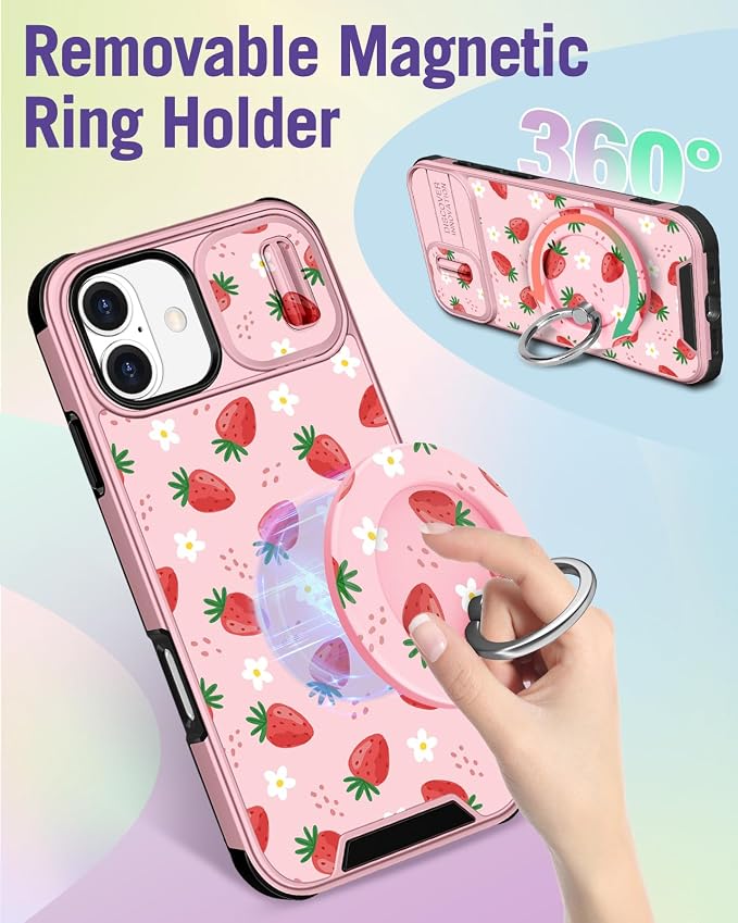 Buleens for iPhone 16 Plus Case 6.7 Inch - with Ring Stand & Camera Cover Aesthetic Cute Designed for Women Girls Pretty Girly Kawaii Strawberry Phone Case for iPhone 16 Plus Compatible with Magsafe - Image 5