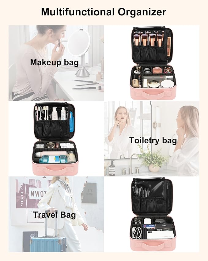 Relavel Travel Makeup Train Case Cosmetic Case Organizer Portable Artist Storage Bag with Adjustable Dividers for Cosmetics Makeup Brushes Toiletry Jewelry Digital Accessories (Pink) - Image 6