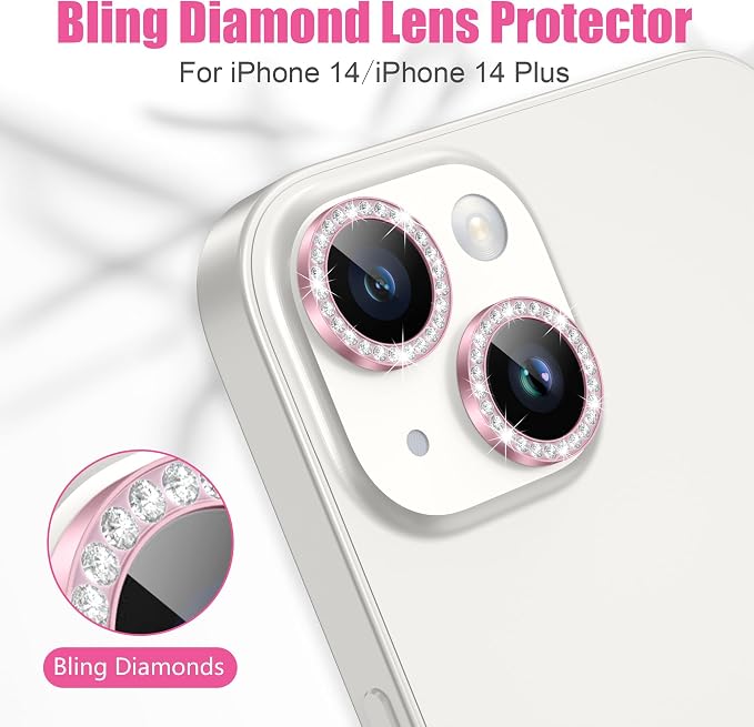 AGVEE 3+3 6 Pack for iPhone 14/14 Plus Camera Lens Protector Cover | Individual Bling Diamond & Bling Glitter Sparkle Cute Gem Metal Ring, 9H Tempered HD Glass - Image 4