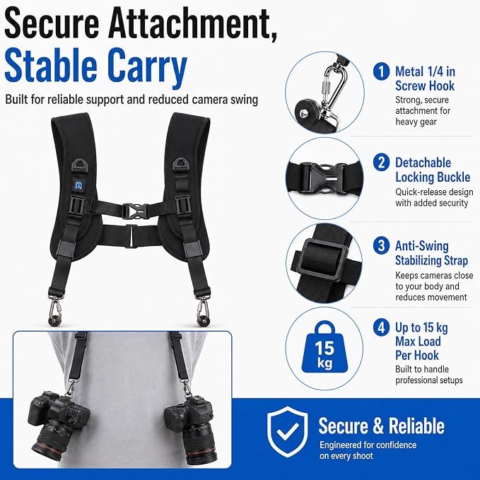 PULUZ Dual Camera Shoulder Harness for DSLR SLR Cameras with Quick Release | Double Camera Tether Strap, Soft Pad Decompression Strap Belt With 1/4 inch Screw - Image 6