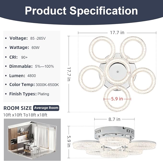 Modern Ceiling Light, 6 Rings 17.7'' Dimmable LED 60W Flush Mount Ceiling Lights with Remote Acrylic Crystal Round Ceiling Light Fixture, Bedroom Living Room Dining Room, Chrome - Image 3