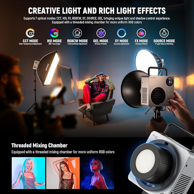 NEEWER 80W RGBWW LED Video Light with 72Wh Battery, 100W PD Fast Charger, APP/2.4G Control, 10400lux/m 2500K-7500K, Mini RGB Bowens Mount Studio Photography Recording Continuous Output Lighting, HB80C - Image 3