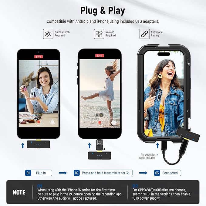 NEEWER KM15 Wireless Lavalier Microphone System Compatible with iPhone Android Phone PC Computer, Mini USB C Noise Cancelling Lapel Mic, 300m Range 48KHz/24Bit 9H Battery for Video Recording Streaming - Image 4