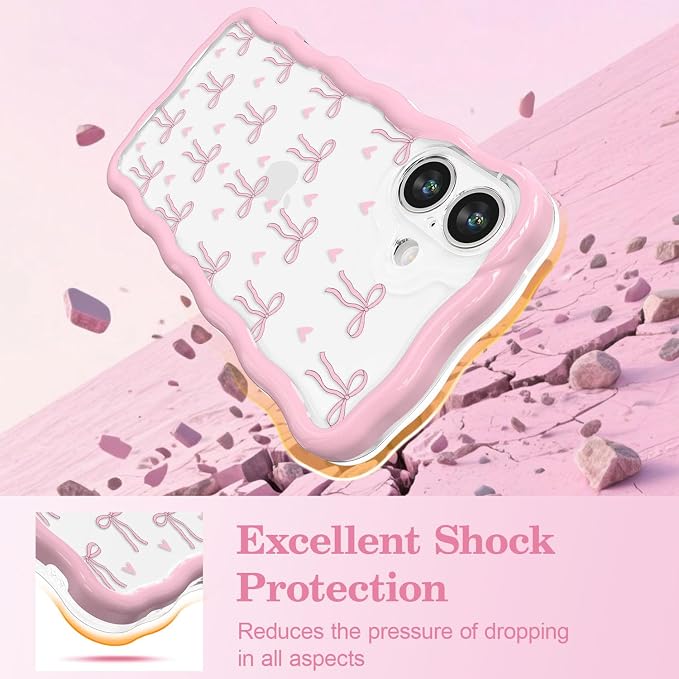 QLTYPRI for iPhone 16 Plus Pink Bow Case, Clear Cute Pink Ribbon Bow Phone Case Curly Wavy Aesthetic Phone Cover, Soft Slim Transparent TPU Shockproof Protective Cover for Women Girls - Love Bow - Image 4
