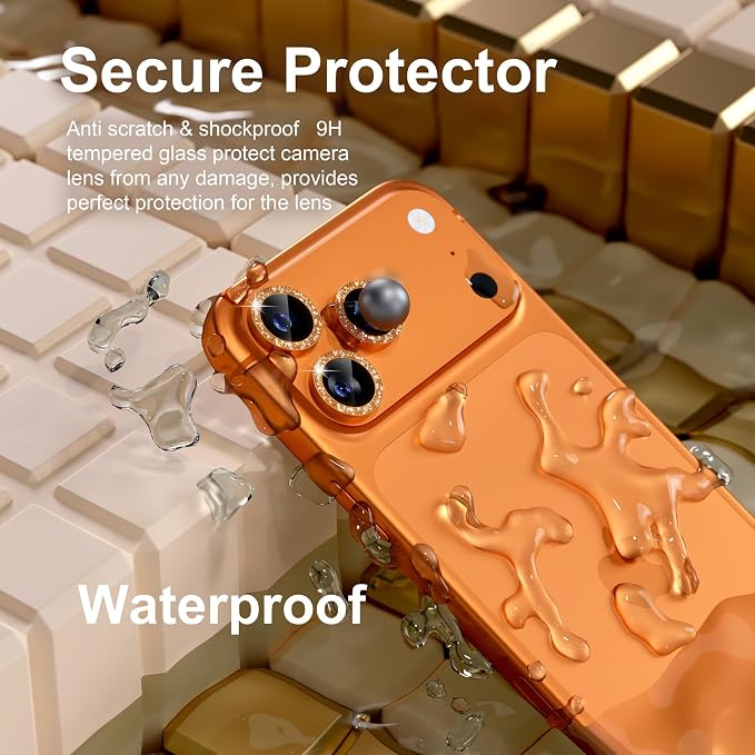 Misea Compatible for iPhone 17 Pro/iPhone 17 Pro Max Camera Lens Protector | 9H Tempered Glass Ultra HD Bling Camera Screen Protector Cover Metal Individual Ring Decoration Accessories, Orange Glitter - Image 3