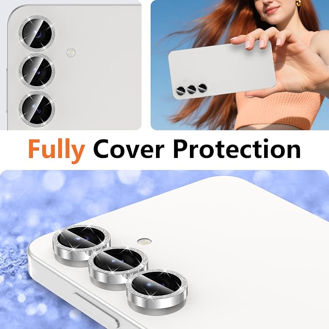 for Samsung Galaxy S25 FE Camera Lens Protector, Individual Metal Ring Tempered Glass Lens Cover, [Strong Adsorption] Scratch Resistant Ultra-Thin HD Clear Lens Cover, 1 Set-Slivery Sparkly - Image 8