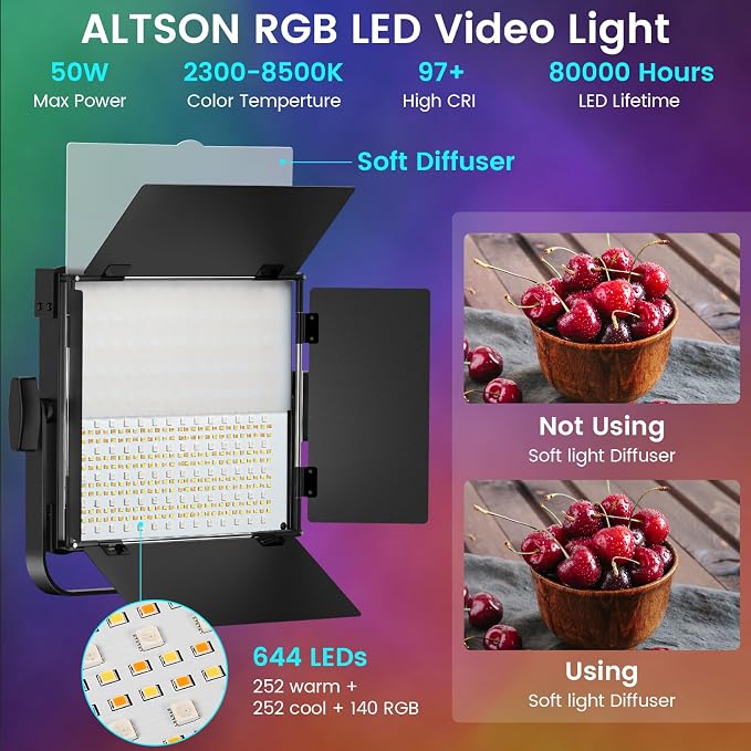 RGB Photography Lighting Kit, 50W Bi-Color Professional LED Studio Lights, 2300k~8500k Dimmable Photo Lights for Photography Filming Camera Video Recording Stage Shooting Streaming YouTube TikTok - Image 3