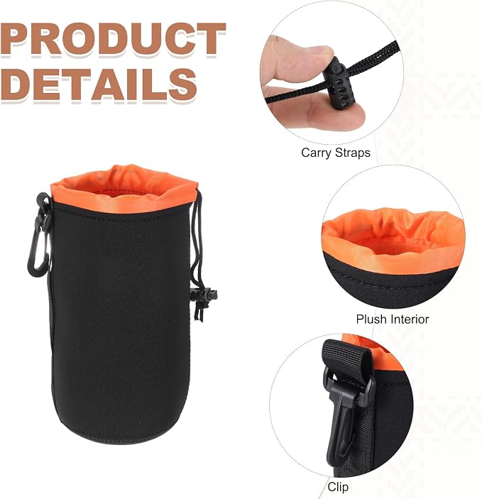 PATIKIL Camera Lens Pouch, 4" ID x 10" H Drawstring Plush Lens Pouch Protective Camera Lens Case Bag Soft Plush Neoprene Bag for DSLR Photography Gear, Black/Orange - Image 3