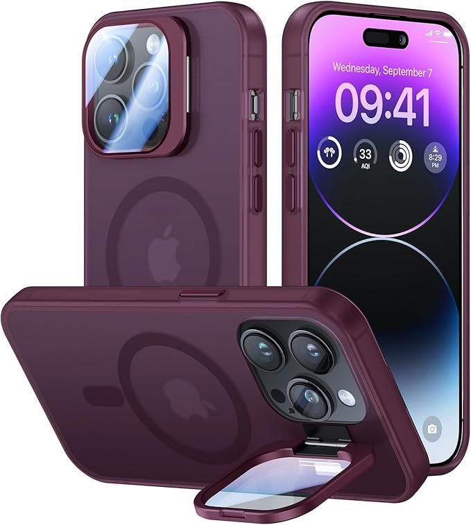 VOFATA for iPhone 14 Pro Max Case with Camera Cover Stand [Built-in 9H Camera Lens Protector][Fit for Magsafe] Military Grade Shockproof Translucent Matte Magnetic Phone Case 6.7", Red by VOFATA