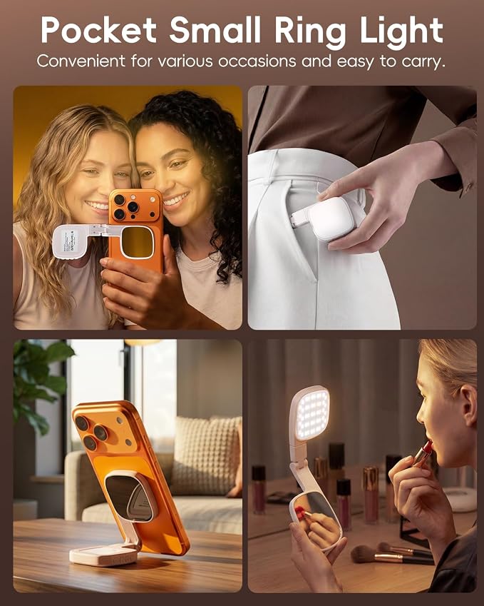 Magnetic Selfie Light for Video Calls, 360° Foldable Ring Light with 3 Colors & Dimmable Brightness, 1000mAh, MagSafe Compatible with iPhone 17-12 & All Phones for Zoom/TikTok/Selfie（White） - Image 6
