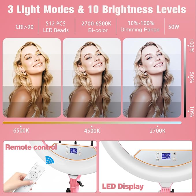 MACTREM Large 22" Ring Light with Stand for iPad iPhone Barber, 75" Tripod | 50W, 6500K CRI90+, LCD Display, 2 USB Ports, Overhead Tripod for TikTok YouTube Makeup Barber Tattoo Photography Video Studio - Image 3