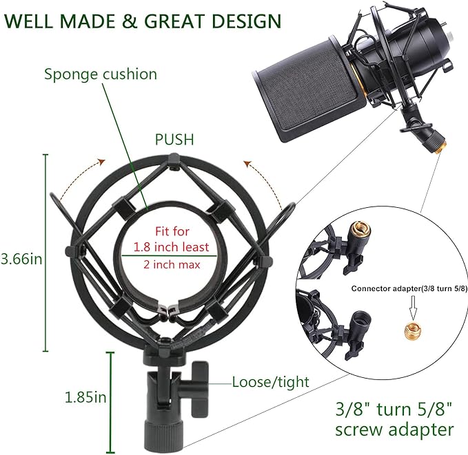 Microphone Shock Mount with Pop Filter, Mic Anti-Vibration Suspension Shock Mount Holder Clip for Diameter 46mm-51mm Microphone - Image 2