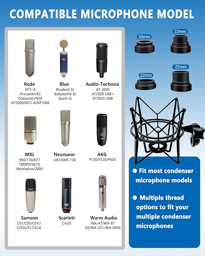 AT2020 Shock Mount Universal Microphone Holder Spider Recording Mic Shockmount Stand Compatible with Many Condenser Mics Like Rode NT1-A NT2-A Procaster MXL 990 770 U87 (Black) - Image 2