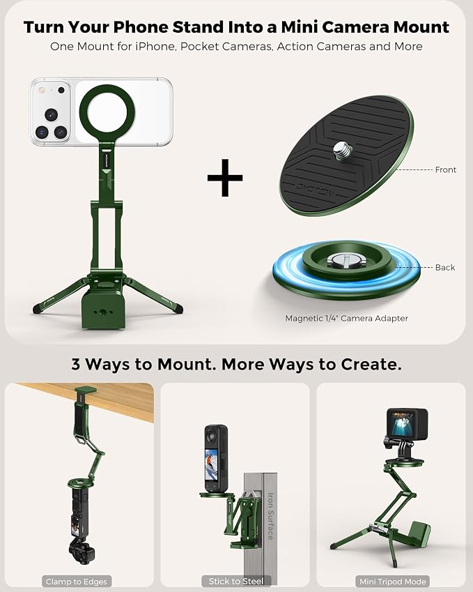 OMOTON TP02-Ultra Multi-Device Camera & Phone Mount with 1/4" Adapter Green | Built-In 1/4" & Arca Base, Clamp, Magnetic & Tripod Setups for iPhone, Pocket/Action Cameras, Overhead & Low-Angle Filming - Image 2