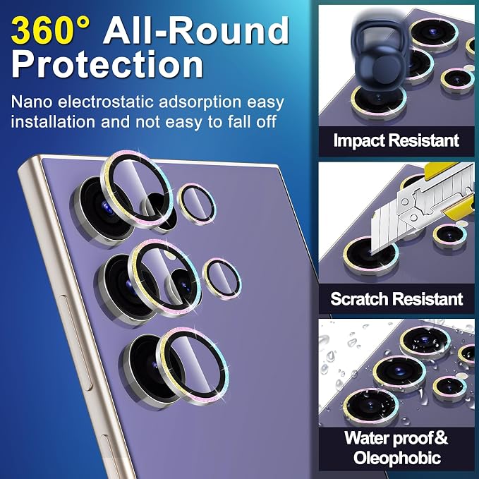for Samsung Galaxy S24 Ultra Camera Lens Protector, Individual Metal Ring Tempered Glass Lens Cover, [Strong Adsorption] Scratch Resistant Ultra-Thin HD Clear Lens Cover,2 Set-Colorful Sparkly - Image 3