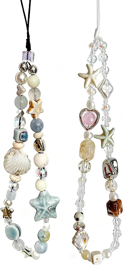 2 Pcs Phone Charm Strap Universal Hand Phone Wrist Strap Camera Lanyard Pearl Beaded Cute Chain String Accessories Universal for iPhone 16 Pro Max Samsung Women Girls Phones Bag Keychain Beach Style by Casecond