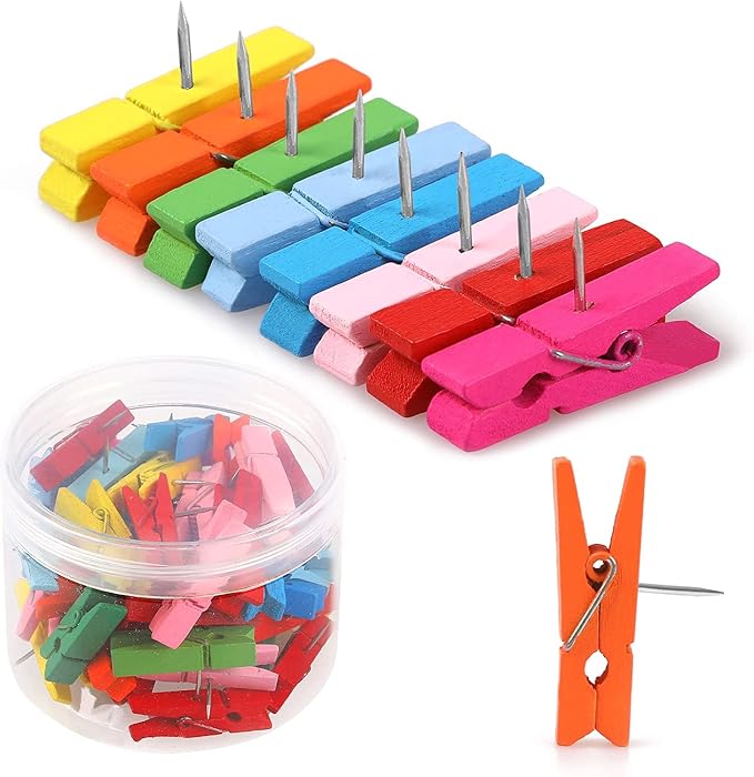 50 PCS Colorful Push Pin with Wooden Clips, Durable, Decorative Pushpins Tacks Thumbtacks for Cork Board Artworks Notes Photos, Craft Projects, Offices and Homes (8 Colors) by Joyberg