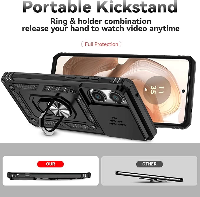 SunStory Compatible with Motorola Moto Edge 2025 Case with HD Screen Protector & Slide Camera Cover & Rotated Ring Kickstand, [Military-Grade] Phone Case for (Black, Moto Edge 2025) - Image 2