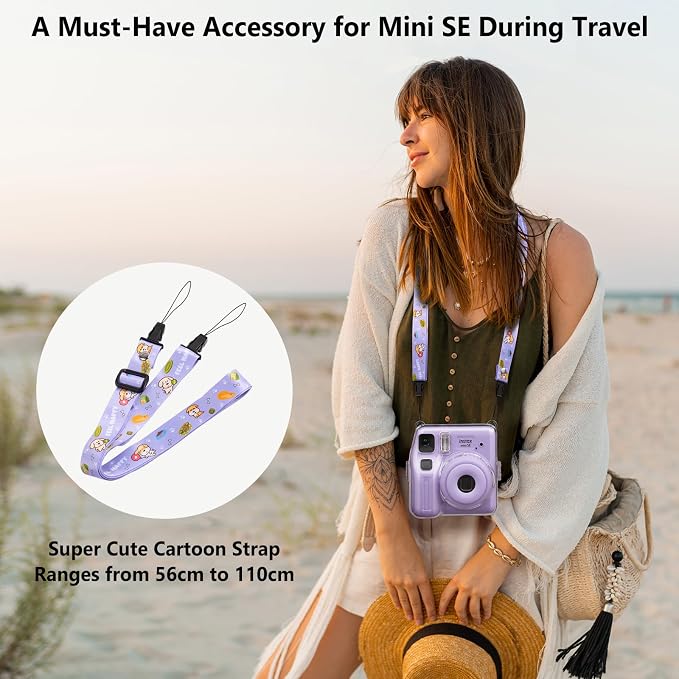 Fuji Mini SE Clear Case, Hard PC Protective Case for Instax Mini SE Instant Camera with Cute Cartoon Sticker & Adjustable Shoulder Strap - Purple Happy Dog - Image 6