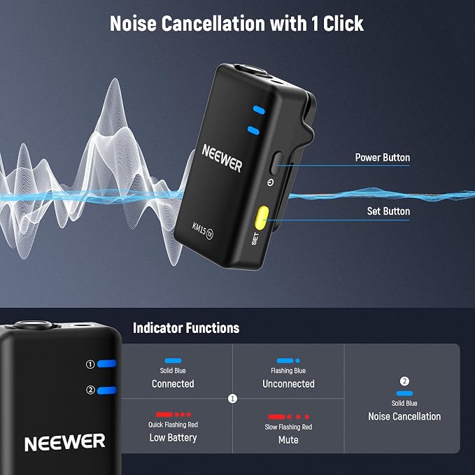 NEEWER KM15 Wireless Lavalier Microphone System Compatible with iPhone Android Phone PC Computer, Mini USB C Noise Cancelling Lapel Mic, 300m Range 48KHz/24Bit 9H Battery for Video Recording Streaming - Image 3
