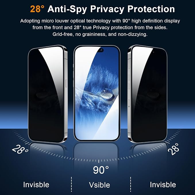 QHOHQ 3 Pack Privacy Screen Protector for iPhone 15 Pro [6.1 Inch] with 3 Pack Camera Lens Protector, Anti Spy Tempered Glass Film, 9H Hardness, HD, Bubble Free, Case Friendly - Black - Image 2