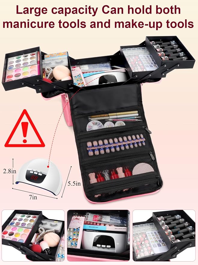 Large Makeup Nail Polish Organizer Bag, Makeup Case Storage Box, Pink | Nail Organizer Case-Adjustable Dividers, Waterproof, Detachable Shoulder Strap, Portable, Multipurpose Storage for Nail Tools - Image 4
