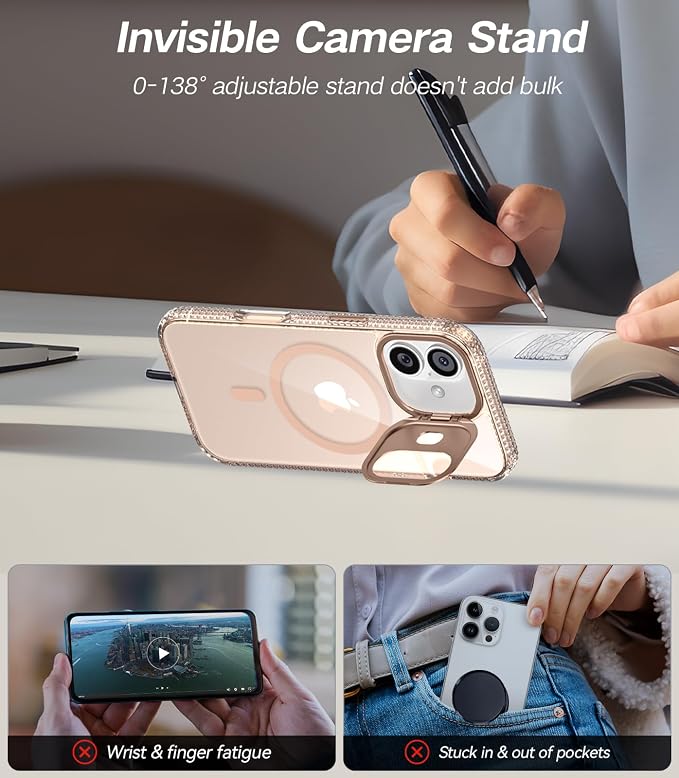VOFATA [Upgraded] for iPhone 16 Case with Camera Cover Stand [Fit for MagSafe][9H Camera Lens Protector] Mil-Grade Protection Transparent Magnetic iPhone 16 Phone Case, Clear Gold - Image 3