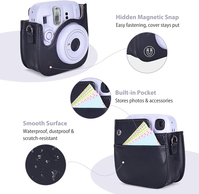 Phetium Mini 13 Camera Case for Fujifilm Instax Mini 13 12 Camera-Black | Mini Camera Protective Case,PU Leather Bag,Photo Storage Pocket,Adjustable Shoulder Strap,Magnetic Flip - Image 4