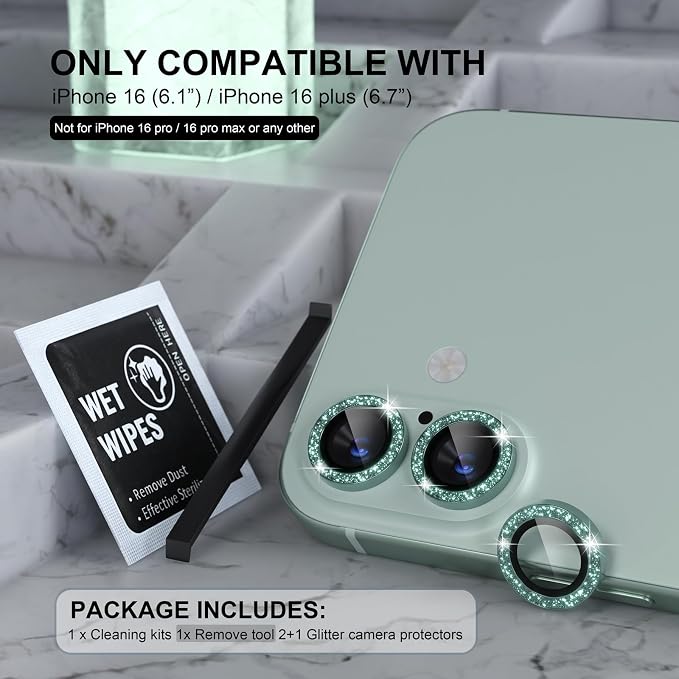 Choiche for iPhone 16/16 Plus Camera Lens Protector Bling, Glitter-Teal | Ultra HD, 9H Tempered Glass Camera Cover Screen Protector Metal Individual Ring Decoration Accessories, 2-Lens, 6.1/6.7-inch - Image 2