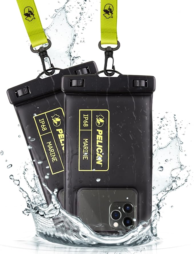 Pelican 2 Pack Marine Waterproof Phone Pouch (Regular) -Black/Hi-Vis Yellow | Touchscreen IP68 Floating Waterproof Phone Case w/Detachable Lanyard - Fits All Phones - Beach Cruise Ship Travel Essentials by Pelican