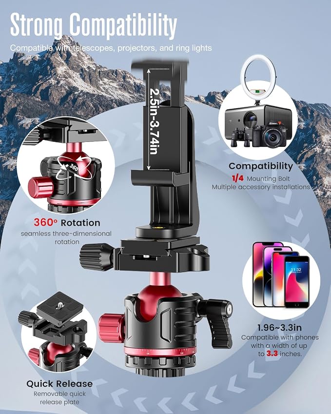 CAMBOFOTO 80“ DSLR Camera Tripod & Monopod, Photography 360 Ball Head | Professional Aluminum Tripod with Carry Bag for Binoculars Laser Telescope (Weight 3.35 Lbs, 15Lbs Load) - Image 5
