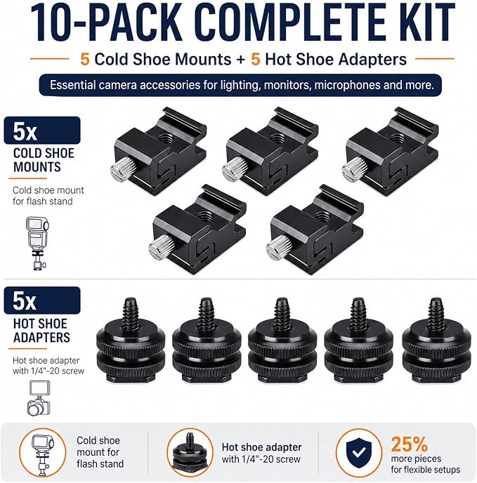 10 Pack Cold Shoe Mount & Hot Shoe Adapter, 1/4"-20 DSLR Rig Kit | 5 Cold Shoe Mounts + 5 Hot Shoe Adapters For Dslr Rigs, Tripods, Mics, Led Lights And Monitors; Secure Metal Construction - Image 2
