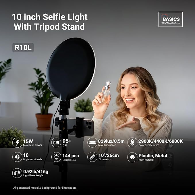 NEEWER Basics 10" Ring Light with 63" Tripod Stand/Phone Holder/Remote Compatible with iPhone, 15W Bi Color Full Screen Edge Lit LED Lighting CRI95+ for Video Recording Selfie Streaming Makeup, R10L - Image 2