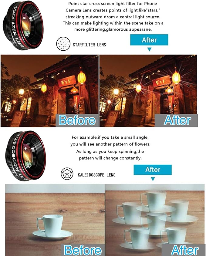 Phone Camera Lens Kit 10 in 1 for iPhone Samsung Pixel Android, 22X Telephoto Lens, 0.62X Super Wide Angle Lens&25X Macro Lens, 235° Fisheye,Kaleidoscopes, Starlight，Tripod，for Most Smartphone Black - Image 4