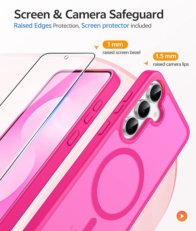 FNTCASE for Samsung Galaxy S25 FE Case, Fit for Magsafe, Screen Protector | Translucent Matte Magnetic Back, 14FT Military Grade Drop Protection, Slim Shockproof Protective Phone Cover, Hot Pnik - Image 4